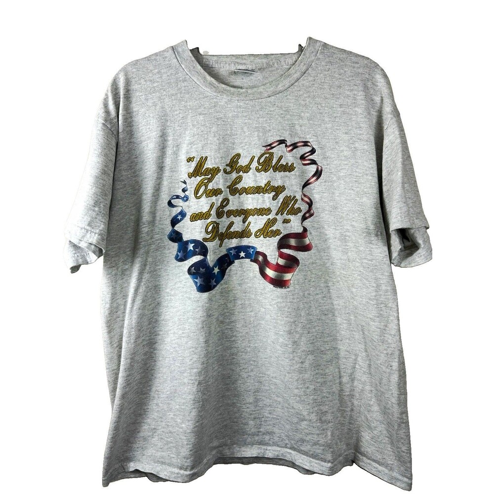 VTG 90s Delta Pro Weight L Gray Patriotic USA Graphic Quote Crew Tee Preshrunk
